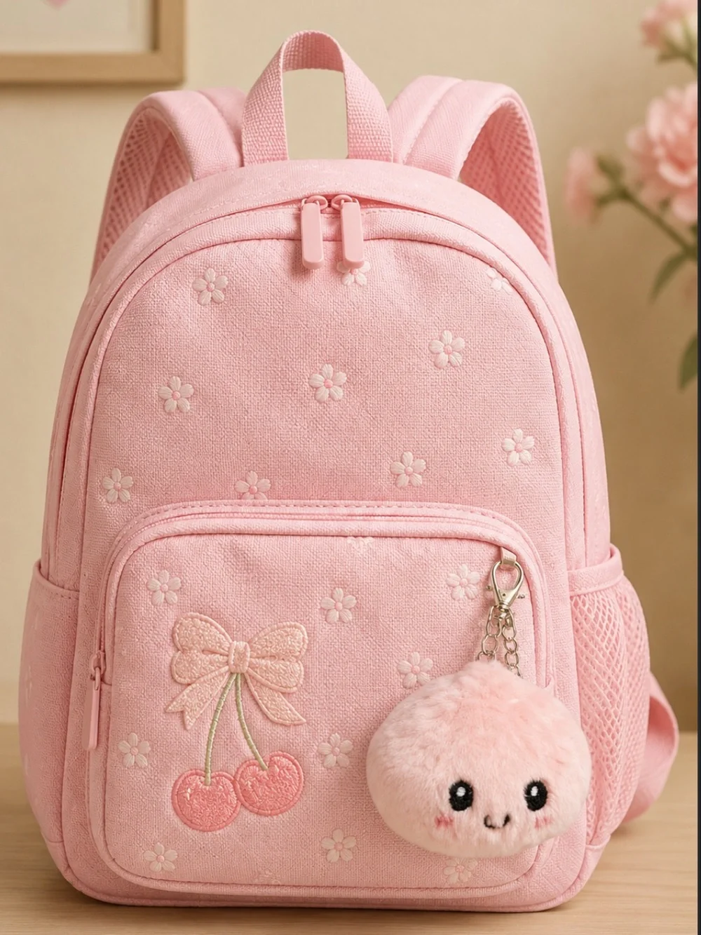 NWT Girls Plush light Pink Dumpling Bag Charm Keychain Embroidered Face Viral‎